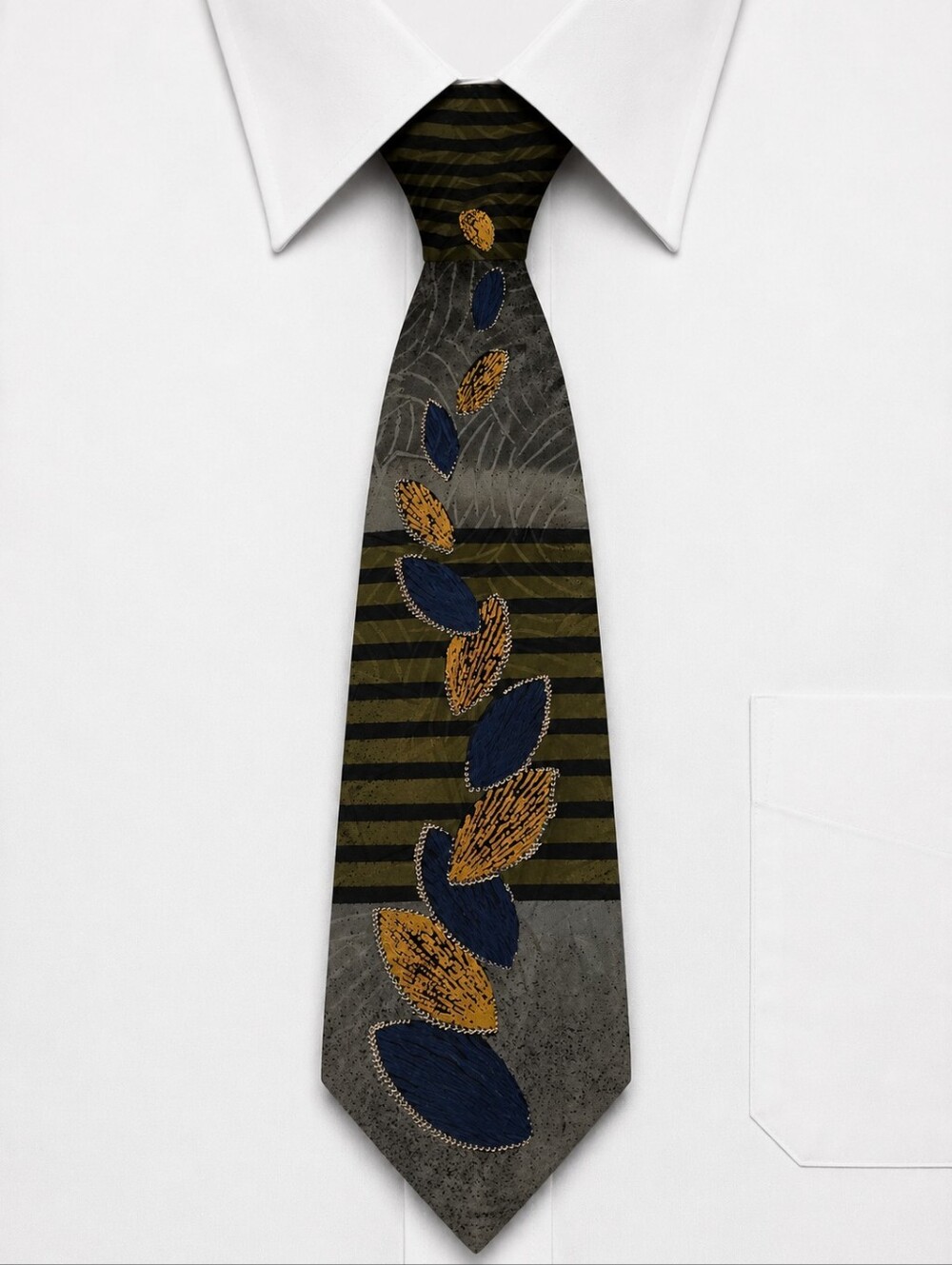 CONTE di MILANO Striped Patterned Silk Tie in Olive, Navy & Gold